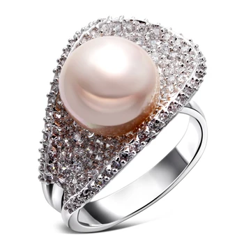 

Nice copper Ring rhodium plated with Cubic zircon & imitation pearl sweet Rings new designer fashion jewelry Free shipping