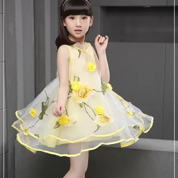 

2016 Brand Summer Girls Print Flower Organza Sleeveless Beautiful Princess Perform Girls Summer School Dress Hot Sale