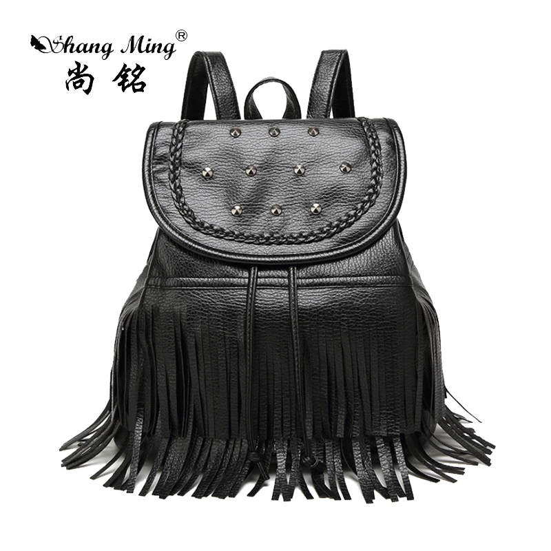 ShangMing 2017 Women Concise Backpack Student s Black Tassels Bags High Quality PU Bags Rivet Decor