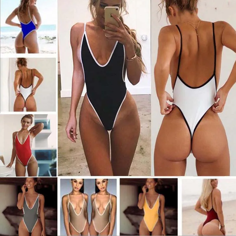 

2018 New Sexy One Piece Swimsuit May Women Fused Swimwear Female Bather Solid Black Thong Backless Monokini Beach Bathing Suit