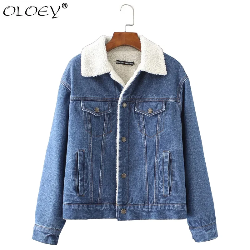 NEW Winter Fur Denim Jacket Women Bomber Jacket Washed