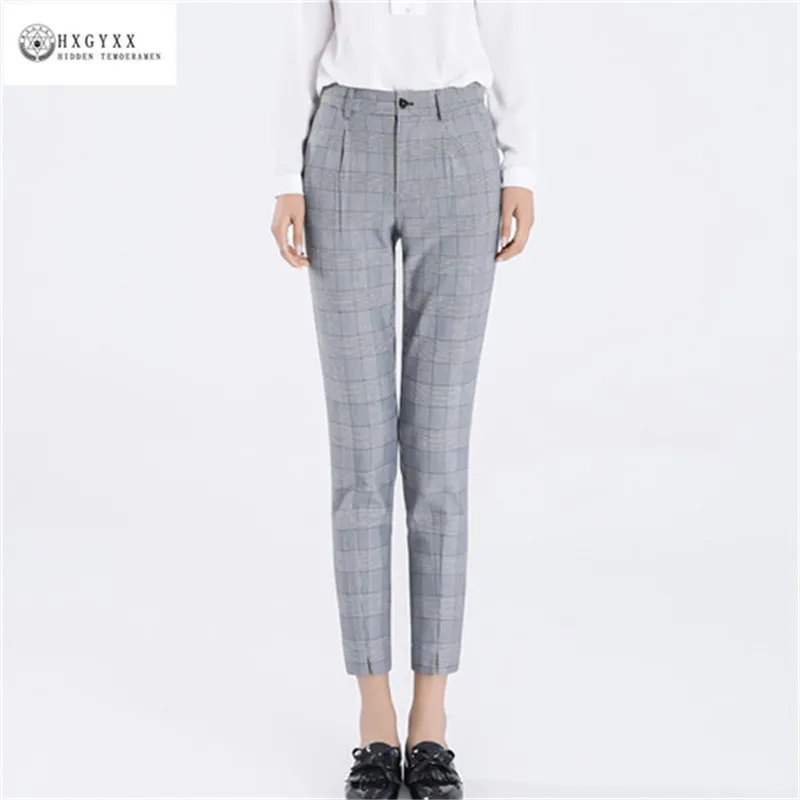 

Plus Size 2019 Summer Ankle Length Pant Women Plaid Pencil Pants Gray Mid Waist Female Office OL Cotton Trousers Streetwear B033