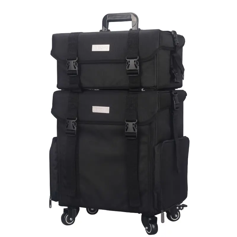 

Soft High Quality Nylon Professional Artist Rolling Wheeled Trolley Makeup Train Case Cosmetic Organizer W/ 8 Drawers (Black)