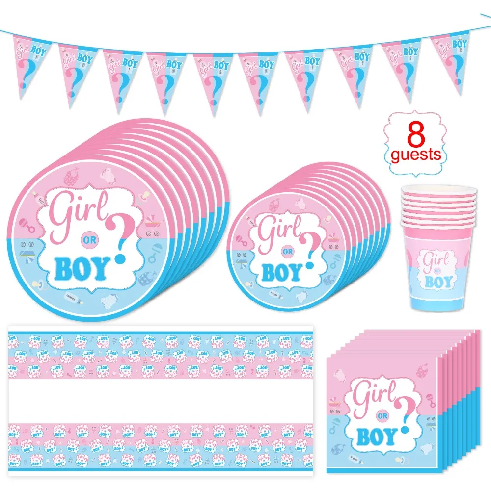 

Gender Reveal Party Suit Letter Boy or Girl Decoration Party Disposable Tableware Paper Cup/Tablecloth/Plate/Flag Party Supplies