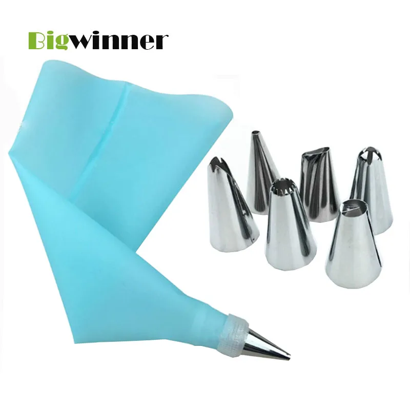 

8 PCS/set Silicone Icing Piping Cream Pastry Bag With 6 Stainless Steel Nozzle Sets DIY Cake Decorating Tips Kitchen Cake Tools