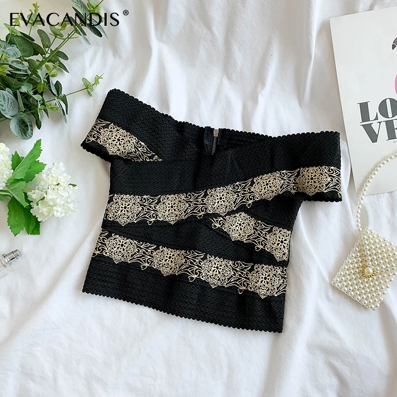 

Lace Bandage Crop Top Off Shoulder Sexy Club Party V Neck Patchwork Black Zipper Evening Leopard Embroidery Short Women Blouse