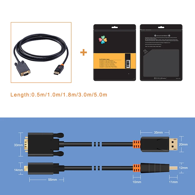 CABLETIME 2019 New DisplayPort To VGA Cable DP To VGA Converter Displayport Cable Gold for Projector laptop iMac HDTV C075