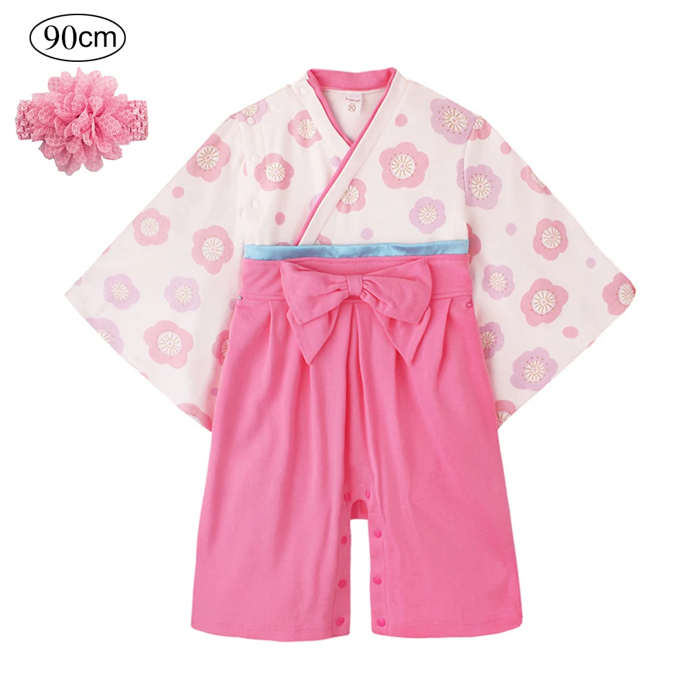 Японское кимоно Детская одежда Обувь для девочек летние длинные рукава Детские ползунки комбинезон с бантом печати кимоно с повязка с цветами