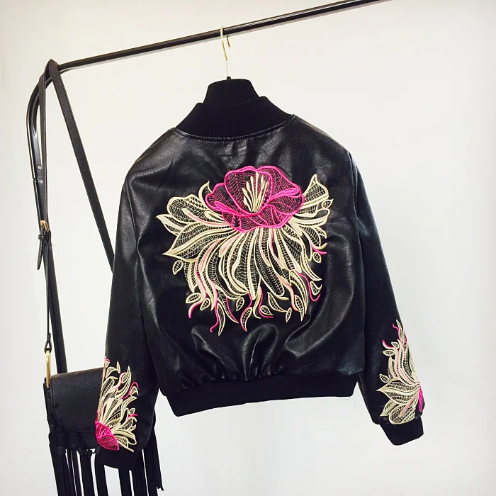 

Fashion Women Short Leather Jacket Coat 2018 Girls Ladies All-match Spring Heavy Embroidered Flowers Locomotive PU Leather Coats