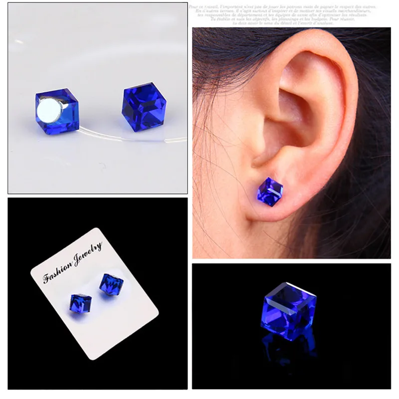 

Crystal Strong Magnetic Stud Earrings Sparkling No Ear Hole Water Cube Box Cube Stone Earring Jewelry