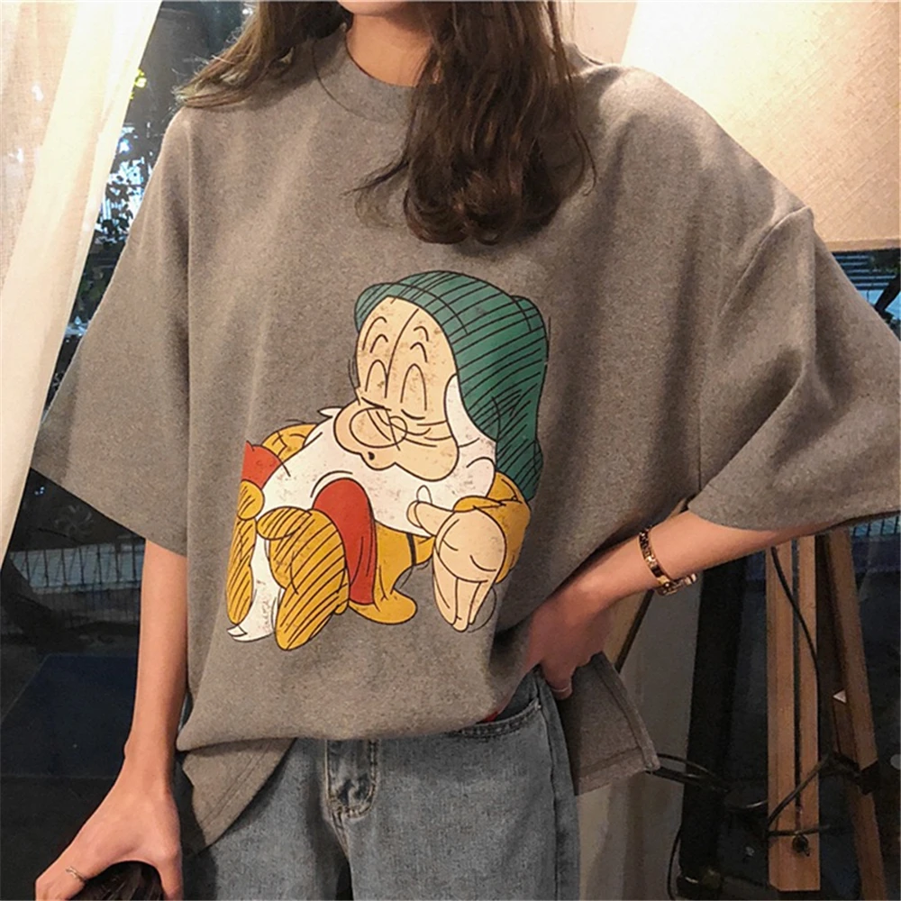 

Spring women's loose short-sleeved college wind cartoon dwarf crew neck printing T-shirt street fashion people fashion shirt
