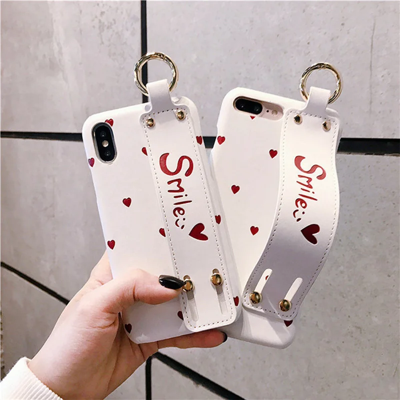 PU Leather Case with Holder Grip for iPhone XS XR XS MAX X 7 plus 7 8 6s plus6s Love Heart Patterned Hard Case with Wrist Strap