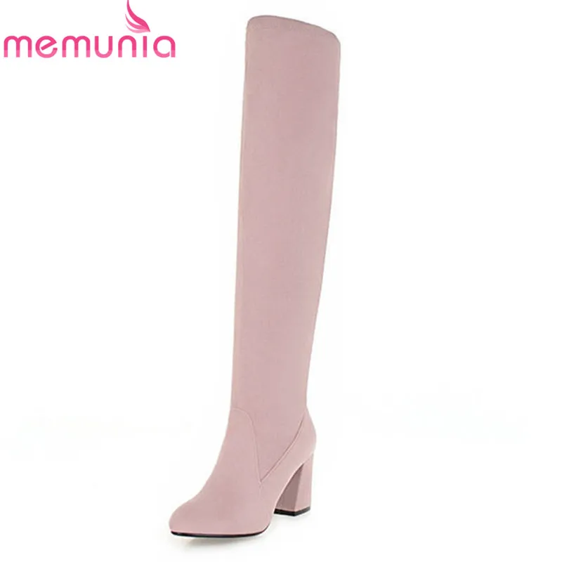 

MEMUNIA 2018 big size 33-47 round toe flock autumn winter women boots slip on fashion thigh high boots high heels shoes woman
