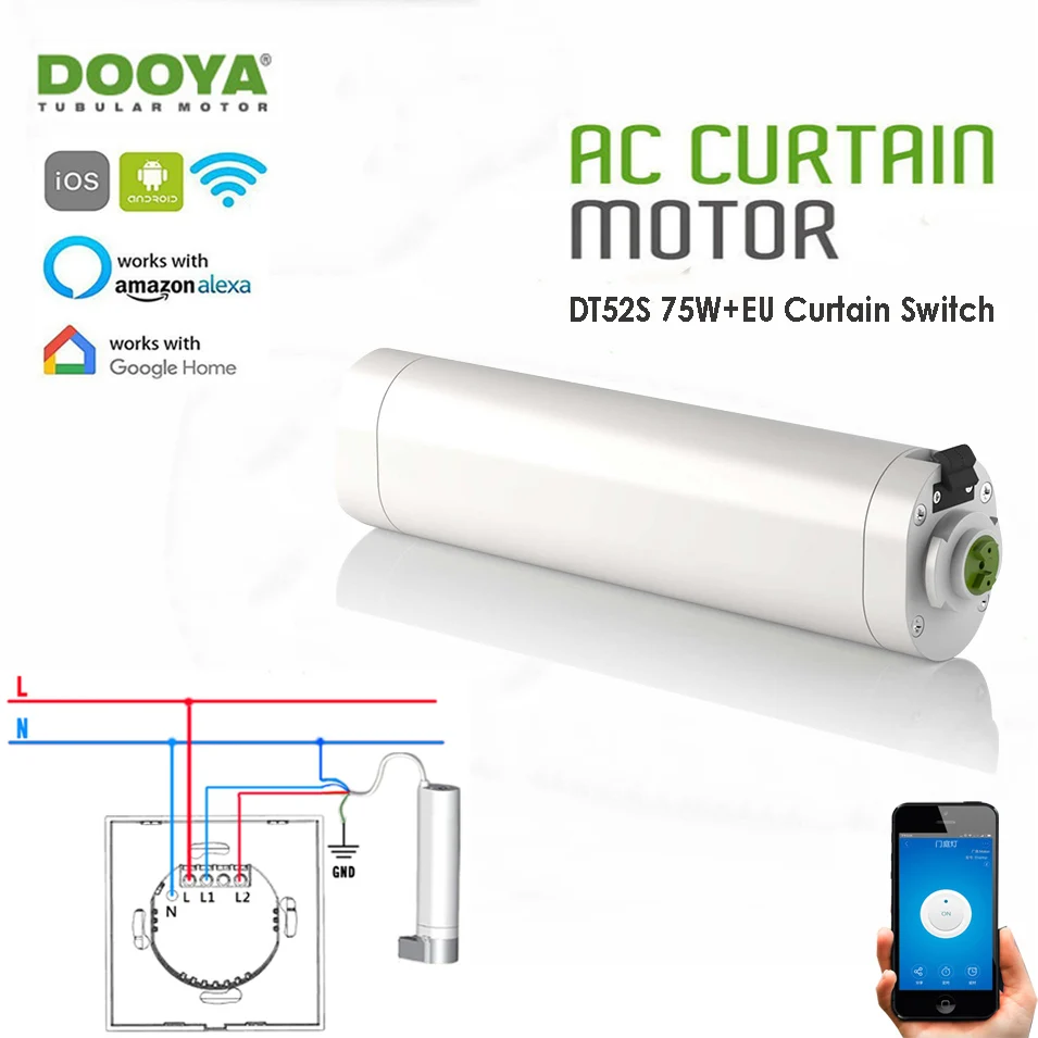 Dooya DT52S 75W 4 Wire Curtain Motor+Jinvoo app WIFI Curtain Switch,Alexa and Google Home Voice Control,Smart Home Curtain Kit