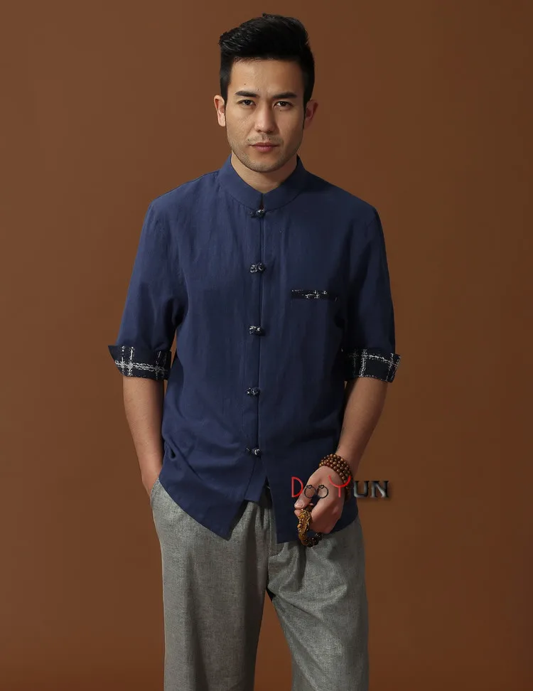 Синий бренд Новое поступление китайские традиционные мужские 45% хлопок 55% лен Кунг фу рубашки Топы M L XL XXL 3XL MS2015029