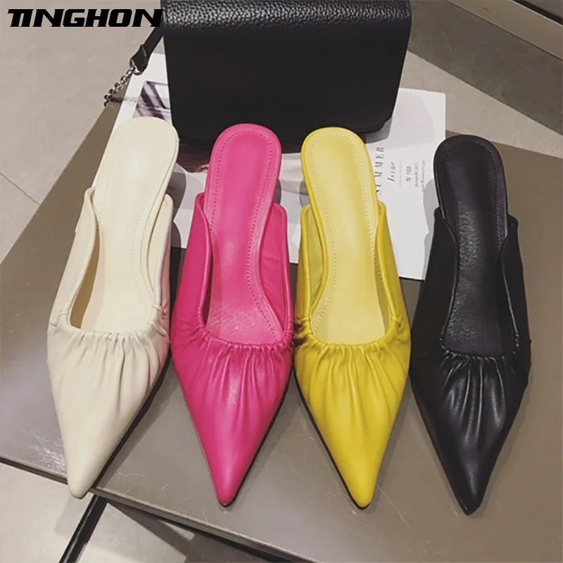 

TINGHON Pleated Pointed Toe 5CM High Heel Women Pumps Slip on Kitten Heel Women Mules Brand Design Women Pumps Shoes