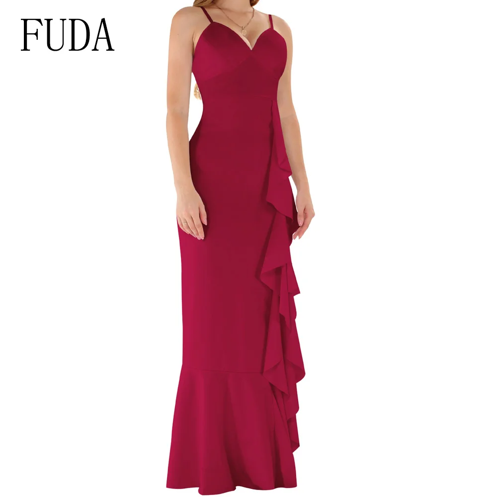 FUDA Sexy Spaghetti Strap V Neck Sleeveless Pencil Maxi Dress Elegant Ruffles Bodycon Bandage Dress Women Celebrity Party Wear