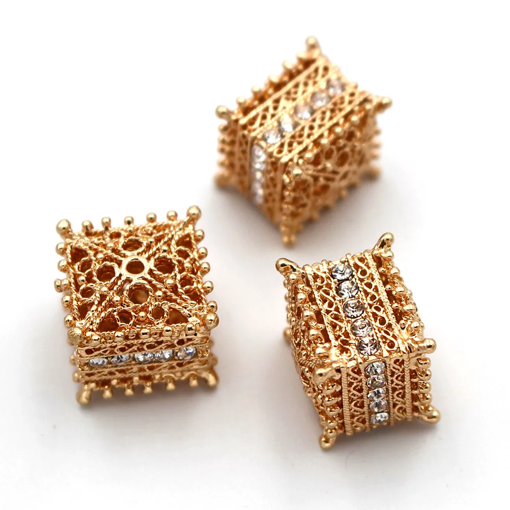 

Dubai Gold African Spacer Beads Filigree Square Connectors Paved Rhinestone Findings DIY for Chile Women Men Wedding Jewelry Set