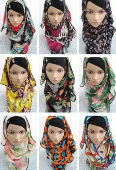 

10PCS Muslim Chiffon Hijab Women Amira Print Shawls Islamic Colorful Big Long Scarf Headwear Headscarf Arab Turban Random Color
