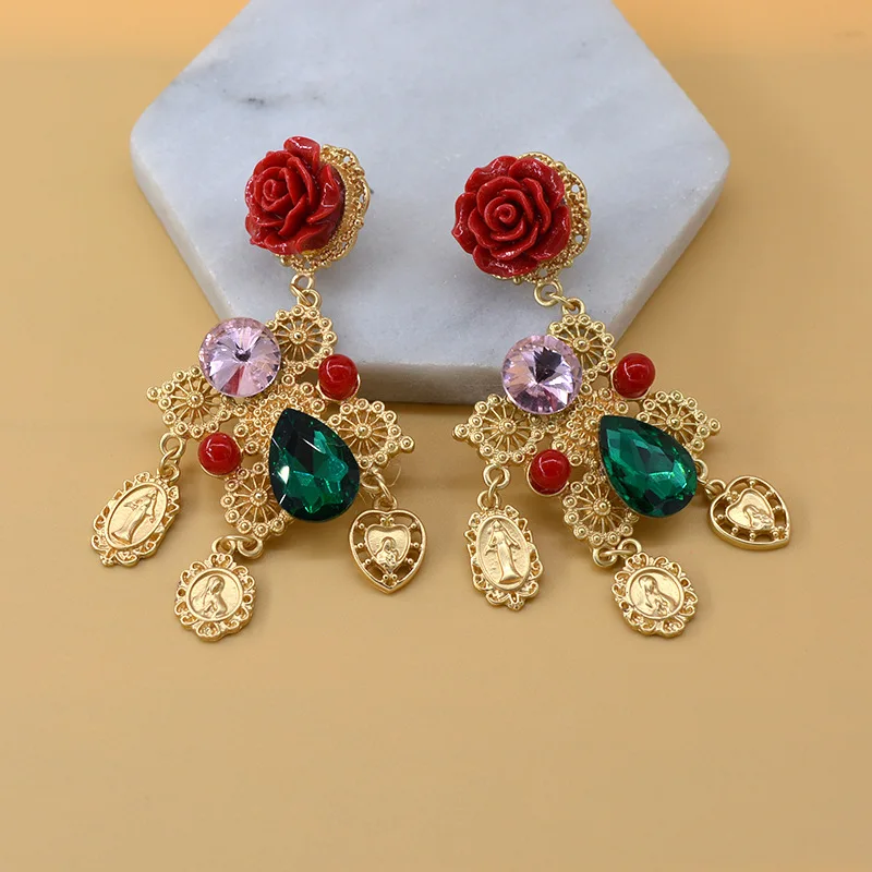 Vintage floral cross long earrings for women
