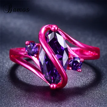 

Bamos Unique S Designed Pink Ring Charming Purple Oval Stone Finger Ring For Women Girls Fashion Gold Filled Wedding Jewelry