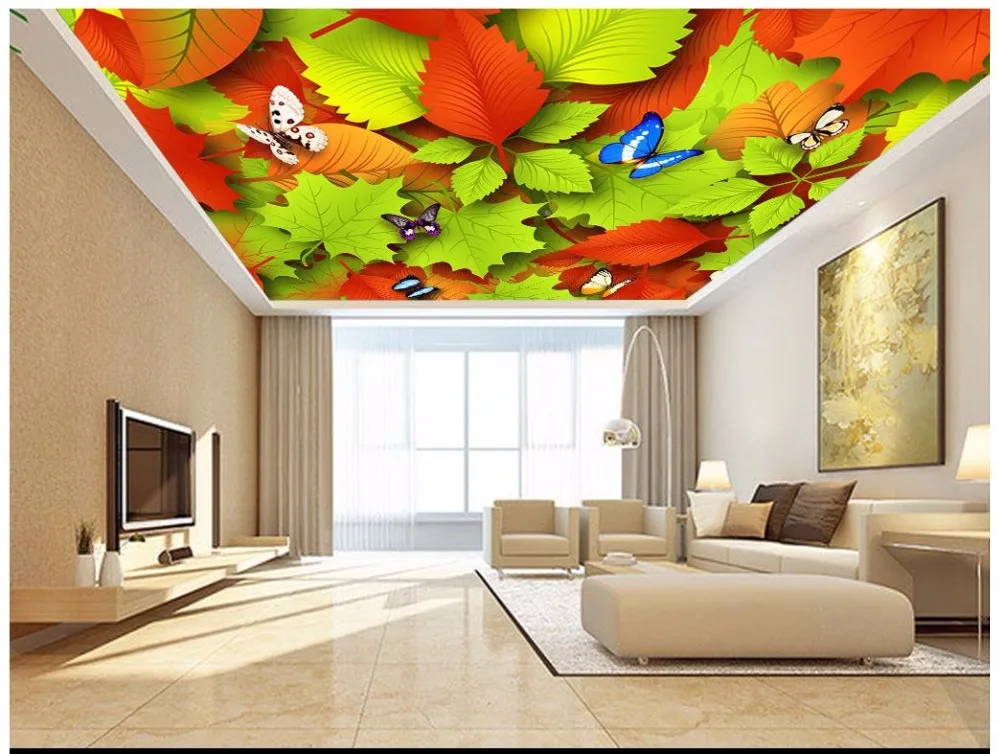 3d wallpaper custom ceiling mural Beautiful Maple Leaf Red Butterfly Ceiling Zenith landscape wall decoration | Обустройство дома