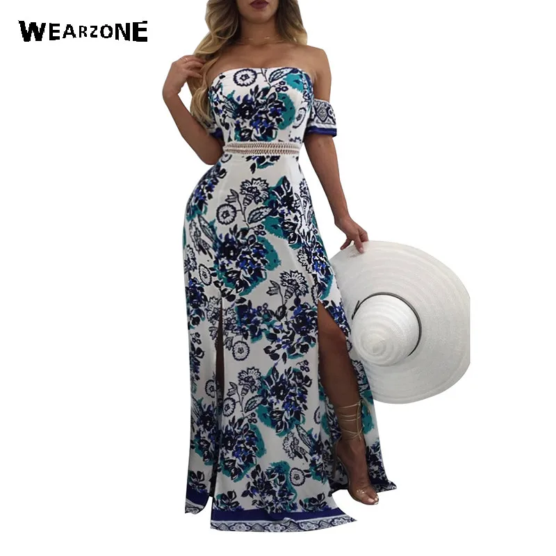 Floral print Boho Dress chiffon split long dress Women beach summer v-neck Strapless sexy dress Elegent sash wrap maxi dresses long-floral-maxi