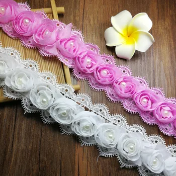 

High Quality African Lace Fabric With Beads 3D Guipure Chiffon Lace Trim Ruban Dentelle Ribbon Trim Lace Embroidered Appliques