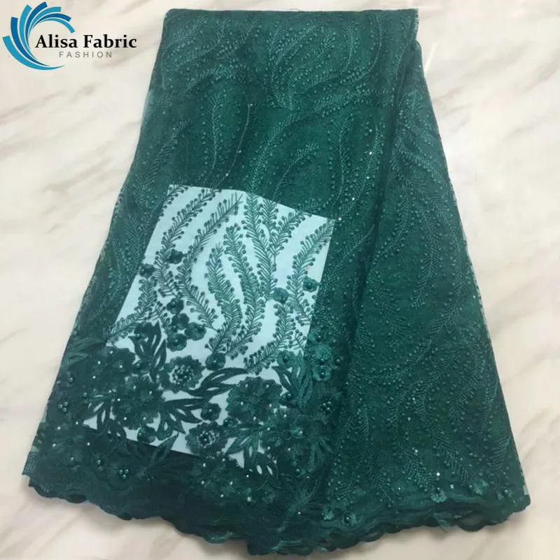 

Green colour embroidery African net lace french lace fabric with stones and beads 5 yards/pcs voile laces fabric for party dress