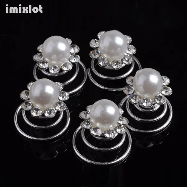 Imixlot 12pcs Bridal Crystal Pearl Flower Spiral Twist Hair Pins Clips Wedding Jewelry Bride Headdress Women Hair Accessories - Окраска металла: 01