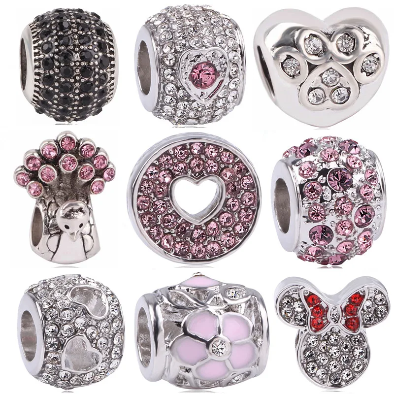 

dodocharms Original Peacock Love Minnie Footprint Bead Crystal Enamel Charm Pendant For Pandora Bracelet Bangles DIY Women