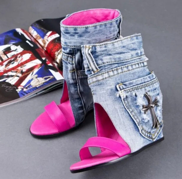 Summer Fashion Blue Jeans Cut out Sandals Peep Toe Height Increasing ...