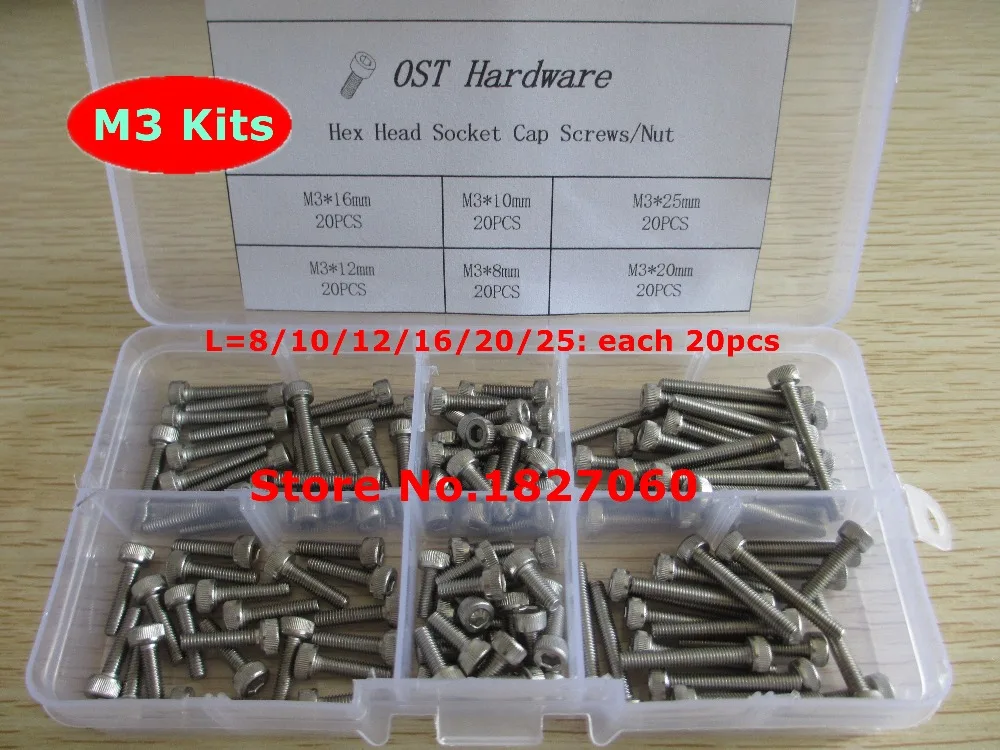 120pcs M3 Screw Kits DIN912 Allen Bolts Hex Socket Head Cap Screw