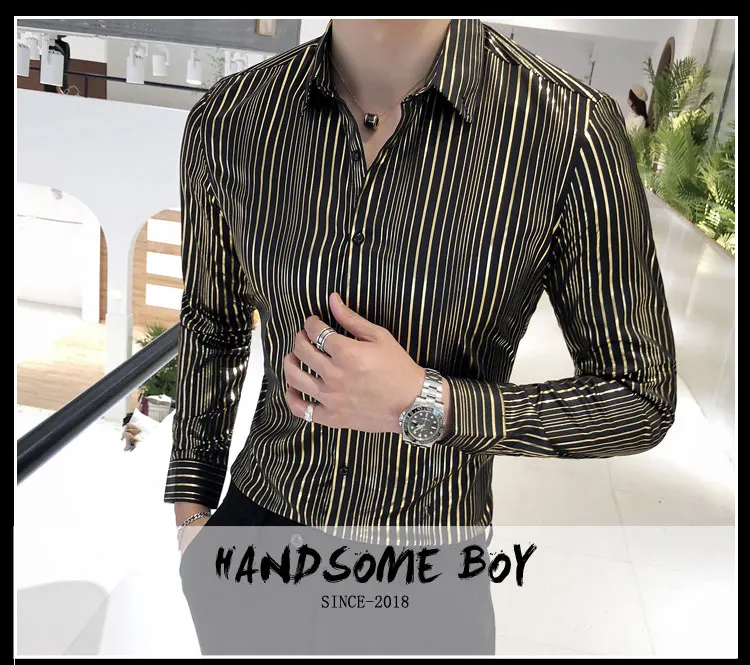 Высококачественная мода красивый Золотой Полосатый Chemise Imprim Homme Клубные Мужские Рубашки d повседневная одежда Camisas Повседневная мужская одежда Hombre