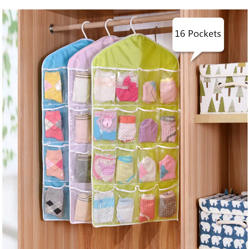 

16 Pockets Clothing Hanger Closet Shoes Underpants Storage Bag Foldable Wardrobe Hanging Bag Socks Briefs Organizer Random color