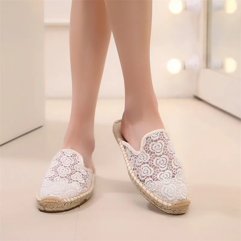 Women Half Slippers Espadrilles Lace Cut-outs Black Women's Sandals Wear Simple Slides Casual Ladies Mules Flat Fisherman Shoes  (4)