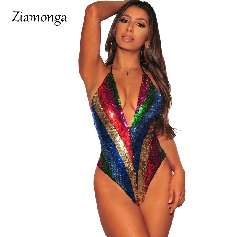 Ziamonga, женский боди, топ, сексуальный, летний, для клубов, в полоску, с блестками, v-образный вырез, без рукавов, боди, Macacao Feminino, женский комбинезон, короткий - Цвет: Red