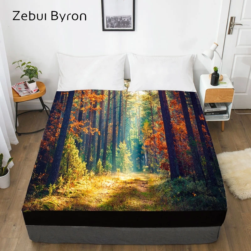 

3D HD Digital Print Custom Bed Sheet With Elastic,180/150/160x200 Fitted Sheet Queen/King,Mattress Cover Autumn forest