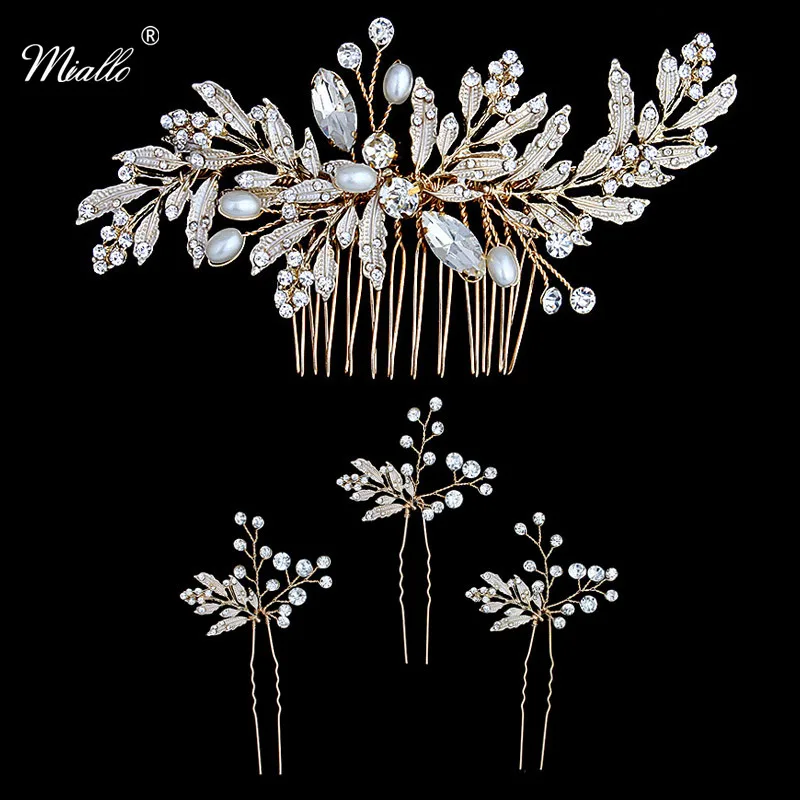 Miallo, новейшая расческа для волос с жемчужинами+ 3 шпильки для невесты, свадебная инкрустация хрустальными листьями, ювелирные изделия для волос для женщин