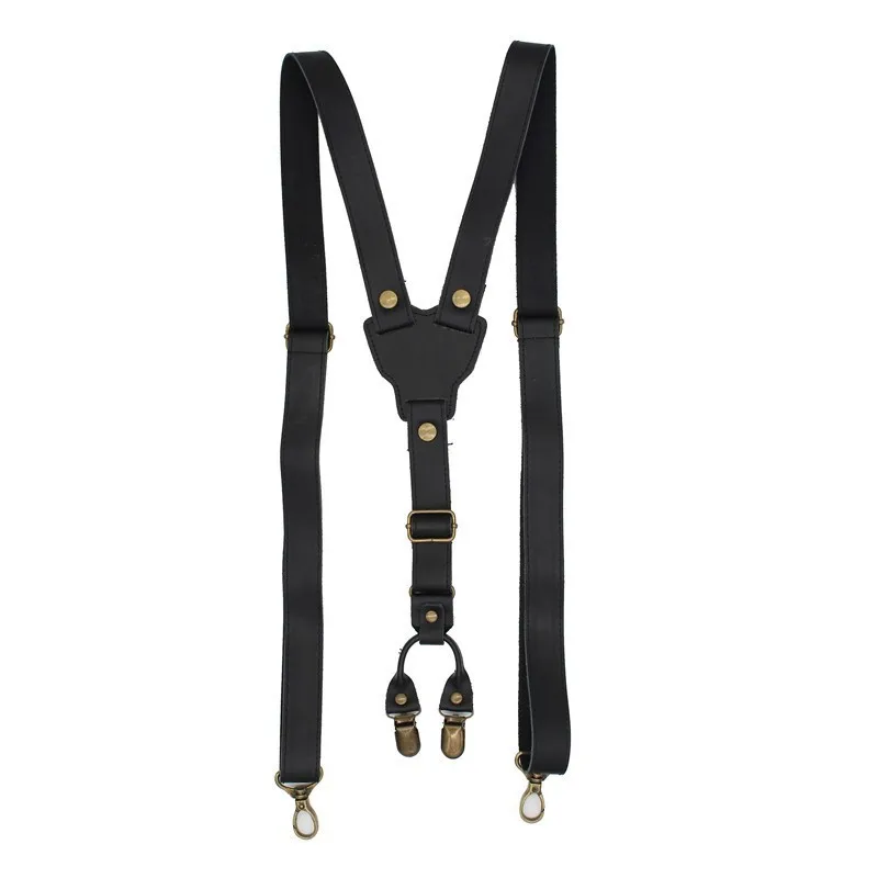 

2.5cm real retro cowhide black leather strap Women men suspenders belt adjustable bronze buckle braces groom Y-Shaped shirt