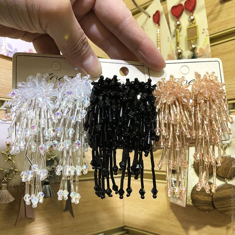 

AOMU 2018 New Vintage Handmade Crystal Beaded Flower Long Drop Earrings for Women Girl Wedding Party Beach Big Earrings
