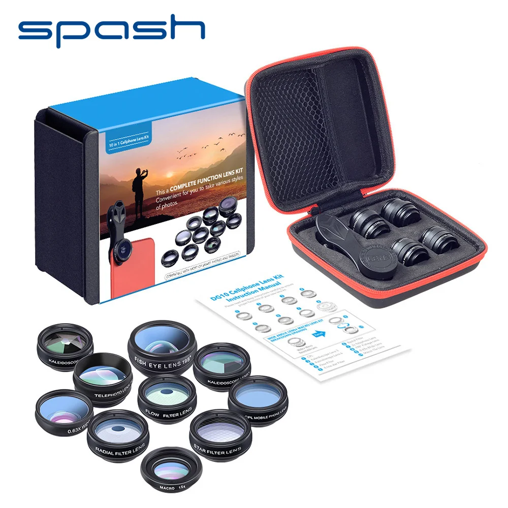 Spash 10 في 1 الهاتف المحمول العدسات CPL فيش ماكرو واسعة زاوية عدسة الهاتف عدسة الكاميرا مجموعة للآيفون Xiaomi سامسونج الهاتف الذكي