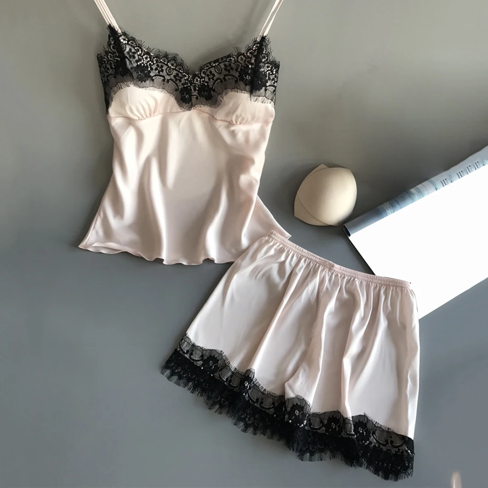 Комплект домашней одежды для сна на тонких бретельках однотонная кружевная
