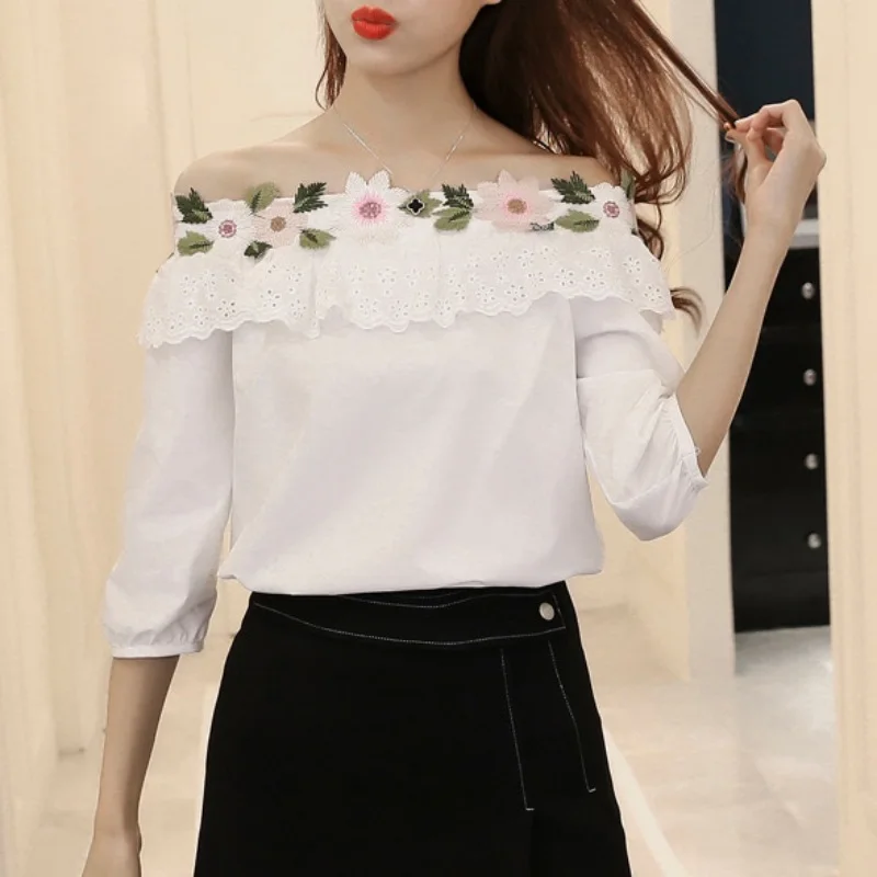 

Girls slash floral embroidered blouse fashion hollow blouse Lovely splice lace blouses neckline three quarter sleeve shirt