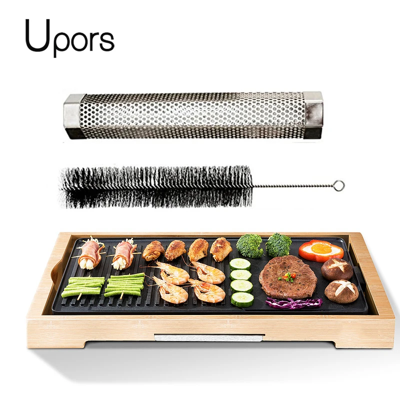 

UPORS BBQ Smoker 12 Inch Stainless Steel Perforated Mesh Smoker Tube With Brush and S-hooks Outdoor Barbecue BBQ Tools Grill