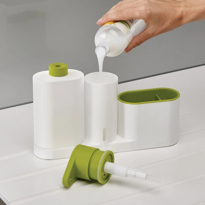 Kitchen Sink Detergent Dispenser Stand With Sponge Storage Liquid Soap Automatic Dispenser Shelf Set Bathroom Organizer Green15