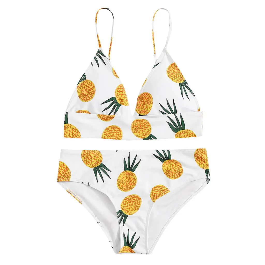 Swimsuit Women Pineapple Print Sexy Backless Women Two Pieces Bikini Push-Up Swimsuit Swimwear Beachwear Preppy Style