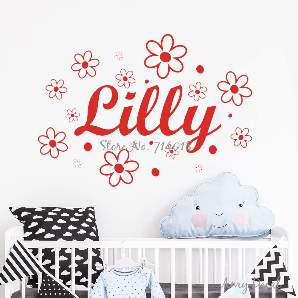 Personalized Name Wall Decal With Flowers Vinyl Decal Wall Sticker For