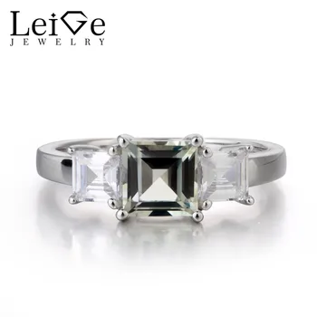 

Leige Jewelry Natural Green Amethyst Ring 925 Silver Square Cut Gemstone Rings for Women Wedding Romantic Anniversary Gift