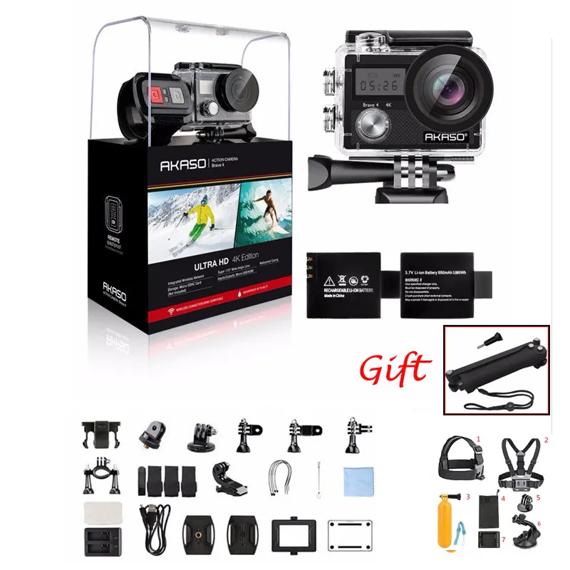 BlackBundle and Gift AKASO Brave 4 4K 20MP Wifi Экшн-камера Ultra HD EIS 30 м подводный водонепроницаемый пульт дистанционного управления спортивная видеокамера шлем аксессуары подарок - Цвет: BlackBundle and Gift